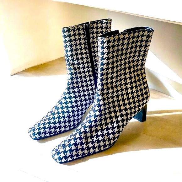 BLACK/WHITE HOUNDSTOOTH Square Toe Boots 6M Low Heel Side Zip Preppy Retro NWOT - Picture 13 of 13